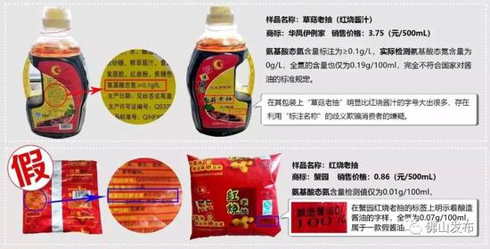 ▲宿迁市泗洪县华美调味品厂生产的商标为蟹园的红烧老抽，氨基酸态氮含量仅为0.01g/100ml，全氮为0.07g/100ml（图片来自网络）