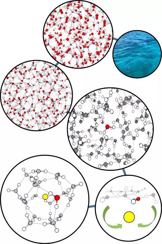  从快速运动的液态水到同位素标记的静态氢键网络再到包覆于离子上的氢键网络（图片由作者提供）