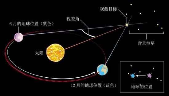 三角视差测距法：天文学家从地球公转轨道的两端分别观测时，恒星在背景天空中的位置会发生偏移，这个偏移被称为视差角，可以用来测量恒星与我们的距离。一颗恒星离地球越近，其视差角就越大。与已知的日地距离相结合，恒星的三角视差使天文学家可以使用基本的三角函数来计算该恒星与地球的距离。| 制图：埃琳娜·哈特利（Elena Hartley）